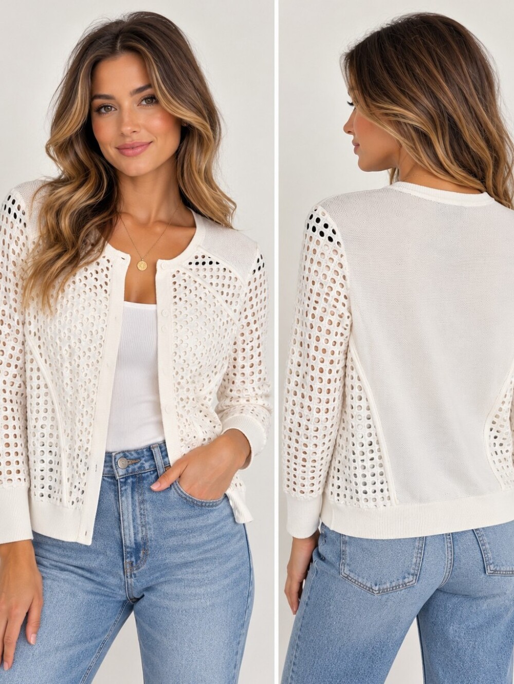 Mint Velvet White Eyelet Cutwork Cotton Knit Cardigan Jacket Size 6